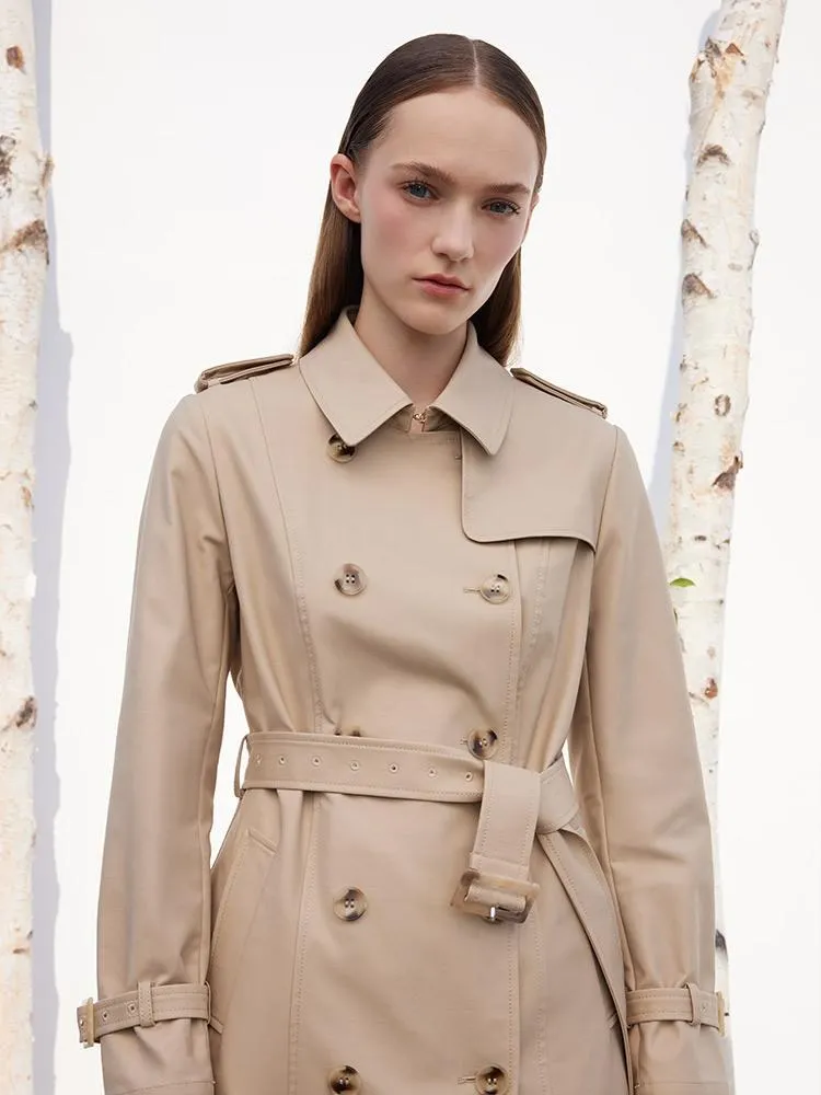 Camel Double-Breasted Women Trench Coat