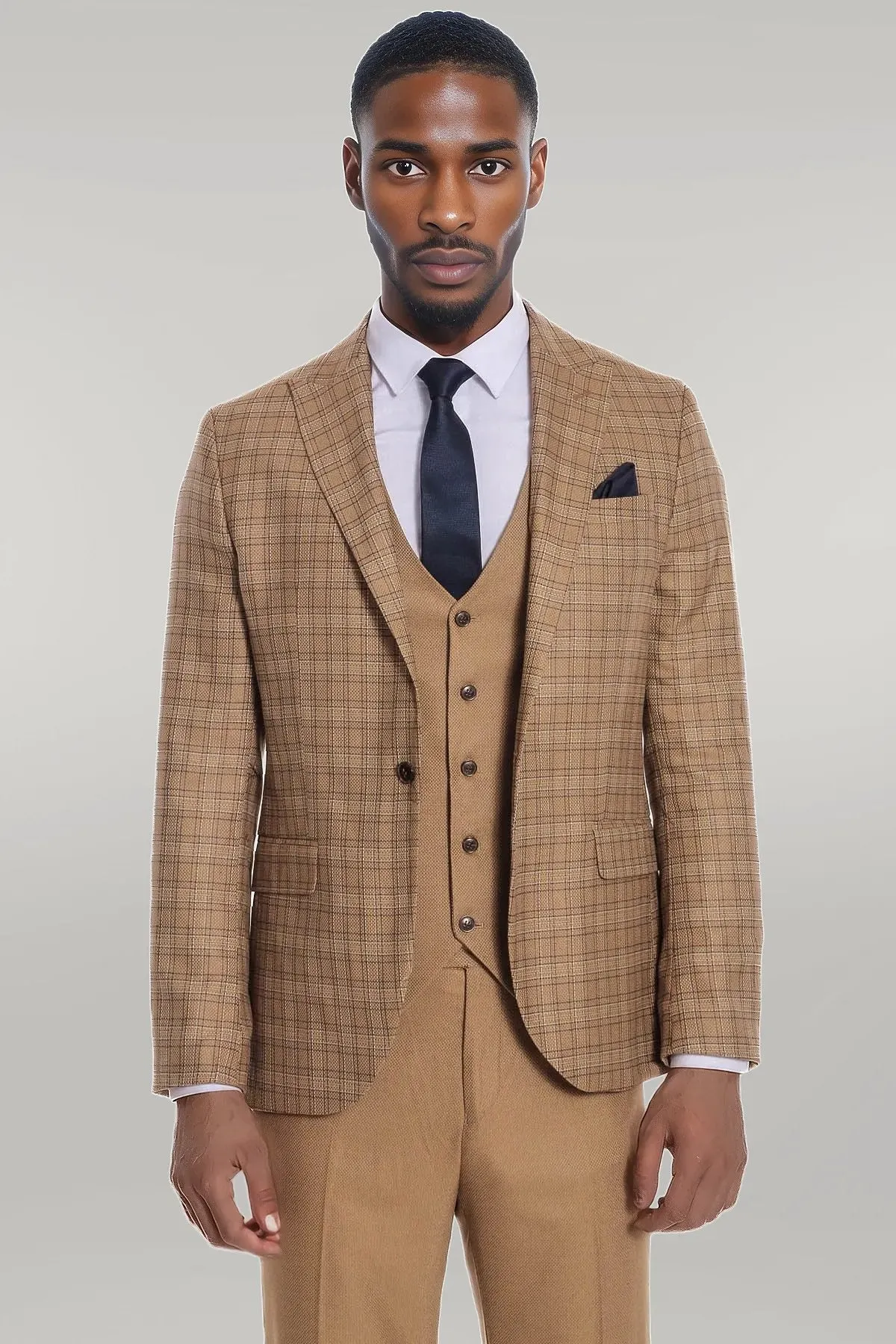 Checked Slim Fit Tan Men Suit - Wessi