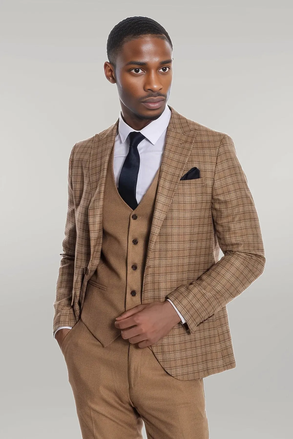 Checked Slim Fit Tan Men Suit - Wessi