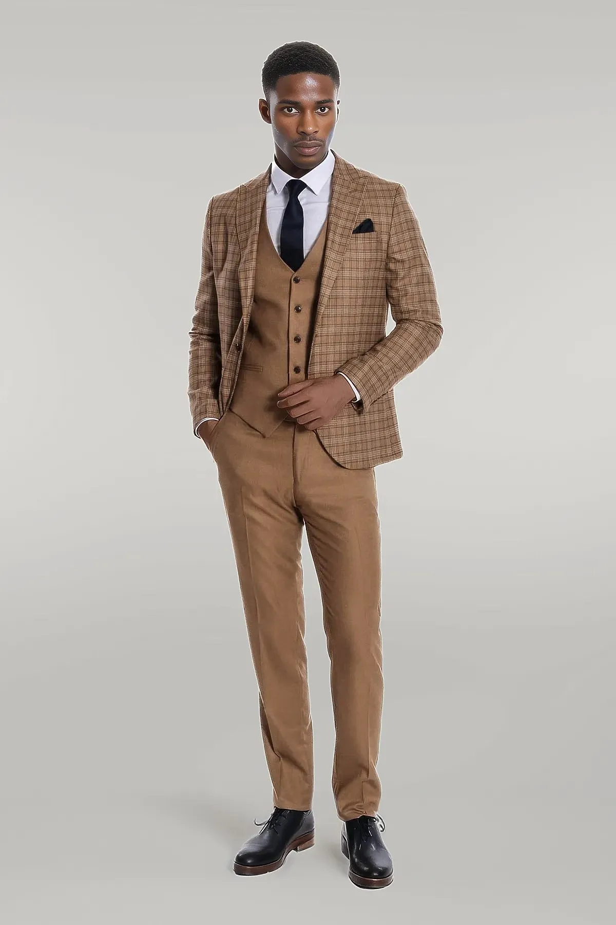 Checked Slim Fit Tan Men Suit - Wessi