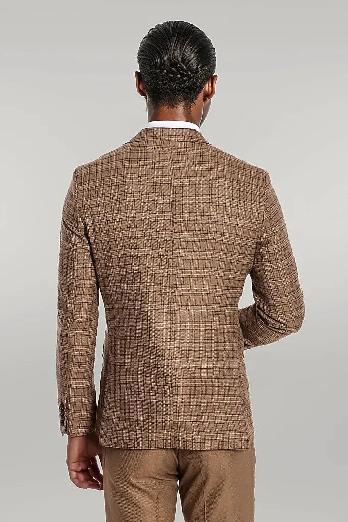 Checked Slim Fit Tan Men Suit - Wessi