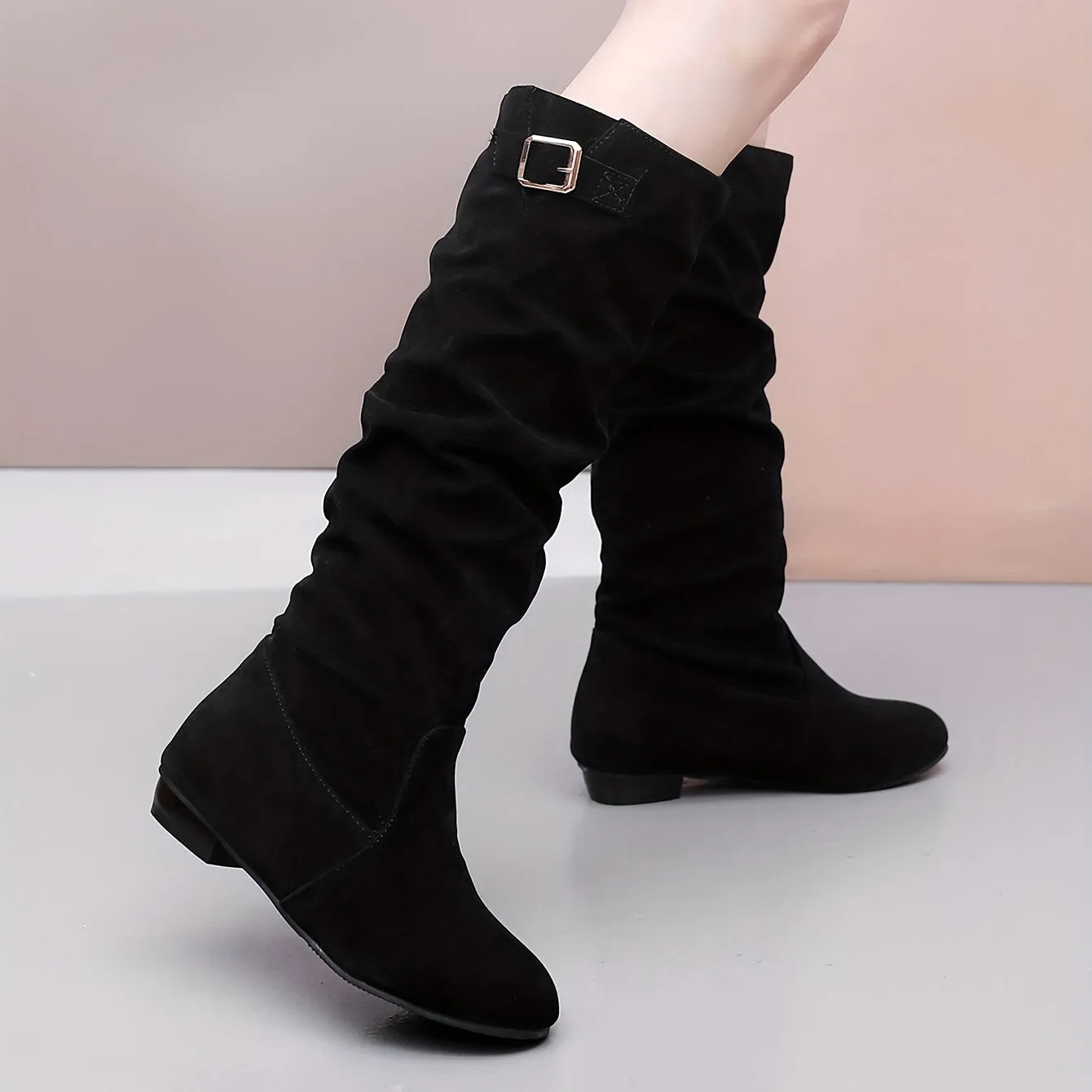 Chic Womens Slouch Knee High Boots with Buckle Accent - Height Enhancing, Versatile for Riding & Style - Timeless Long Boots