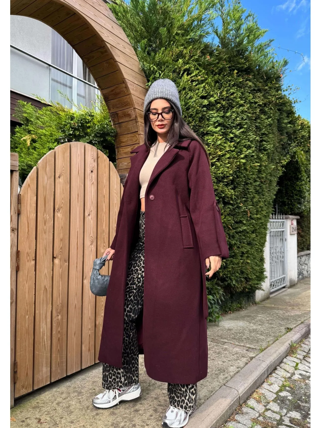 Claret Red Wool Blend Casual Cashmere Coat