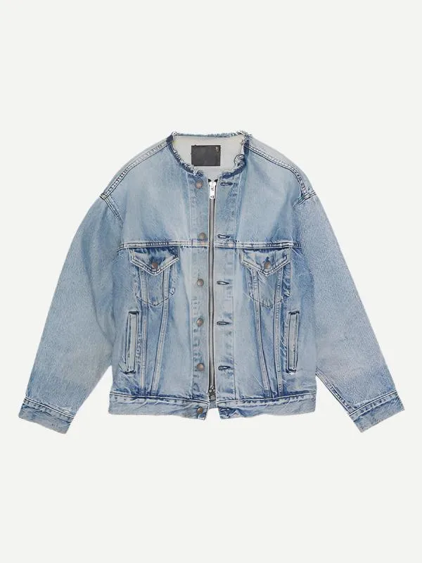 Collarless Trucker Jacket in Caxton Blue