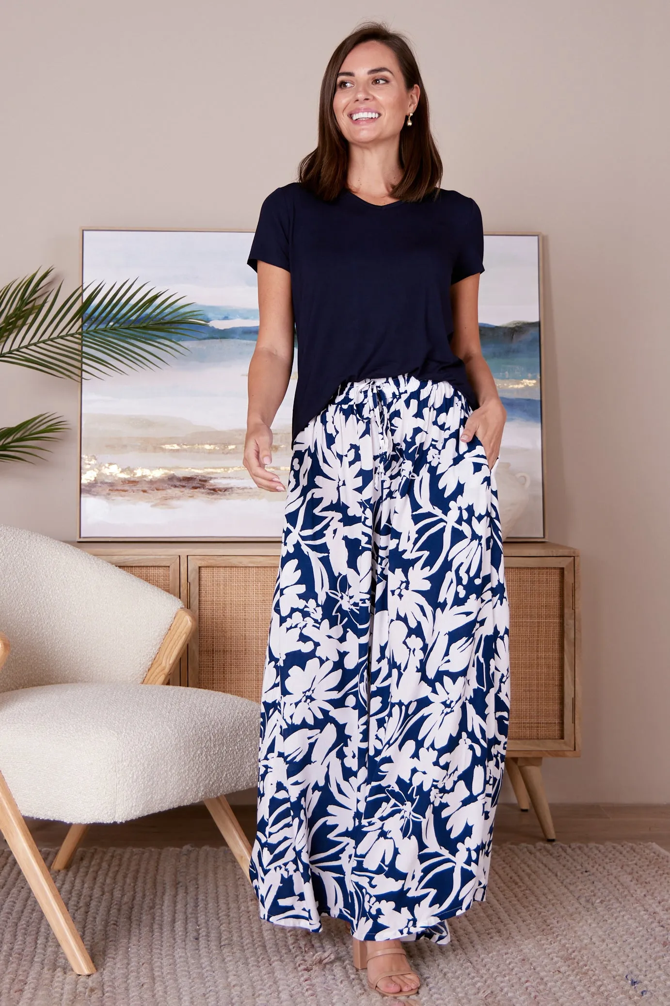 Cora Palazzo Pants - Navy/White Floral