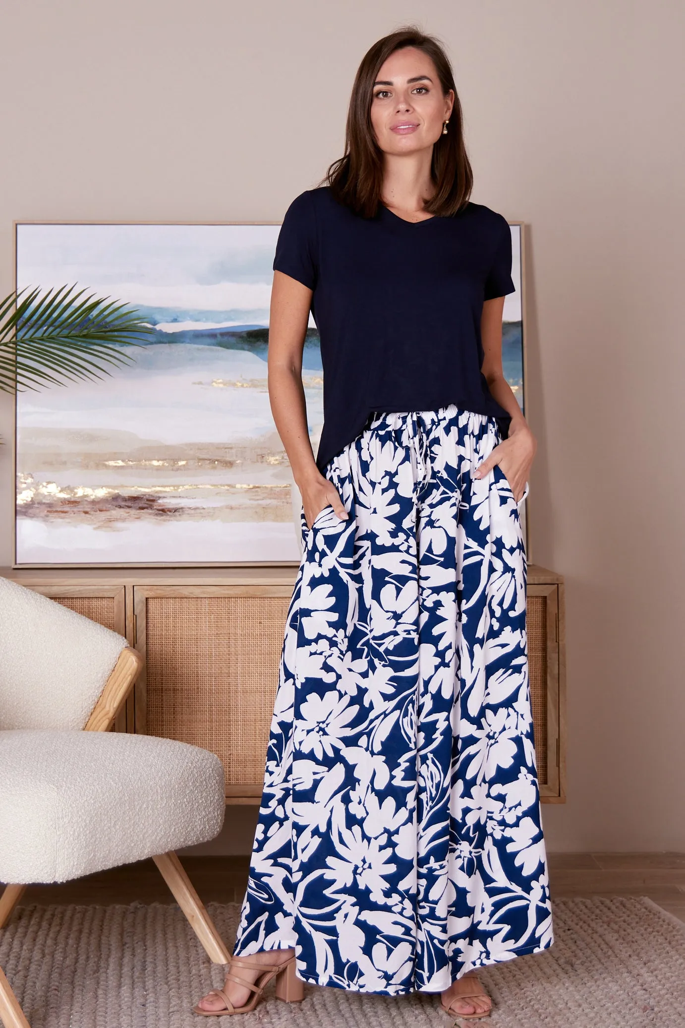 Cora Palazzo Pants - Navy/White Floral