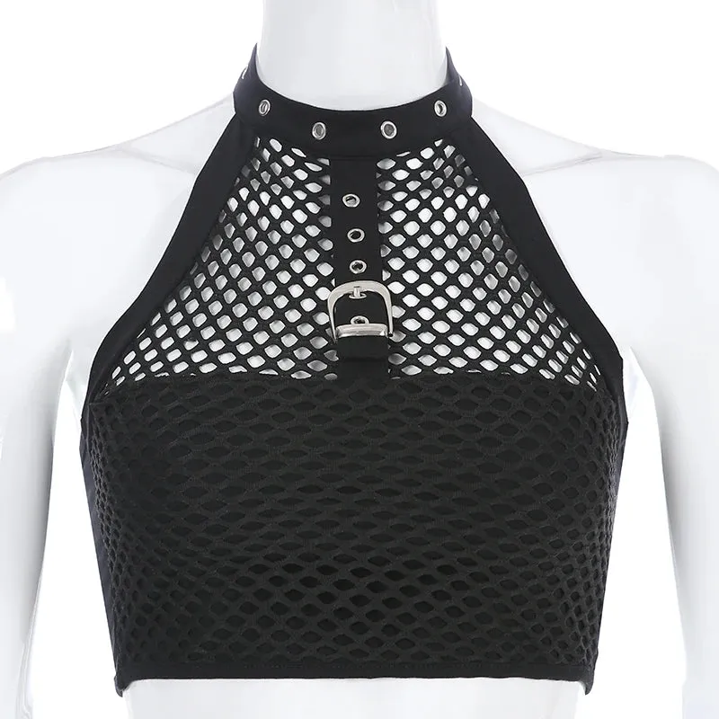 Cropped Black Punk Gothic Halter Top Festival Backless Sexy Transparent Fishnet Tops Summer 2022 Tank Top Vest Short