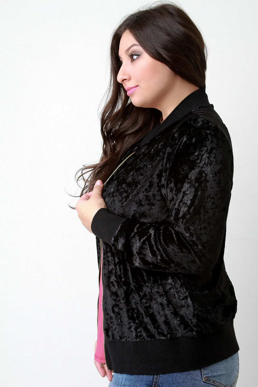 Crush Velvet Rib Knit Trim Bomber Jacket