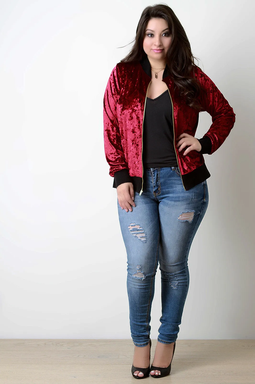 Crush Velvet Rib Knit Trim Bomber Jacket