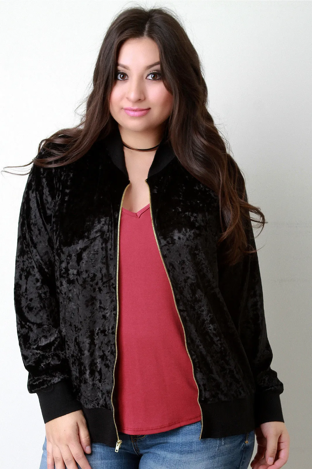 Crush Velvet Rib Knit Trim Bomber Jacket