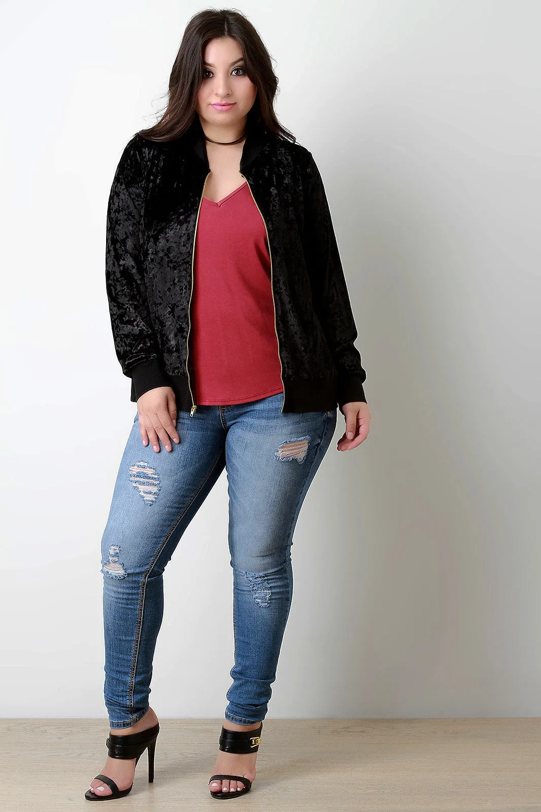 Crush Velvet Rib Knit Trim Bomber Jacket