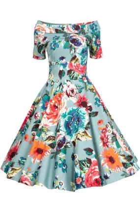 Darlene Authentic Vintage-Inspired Swing Dress in Blue Floral by Dolly and Dotty