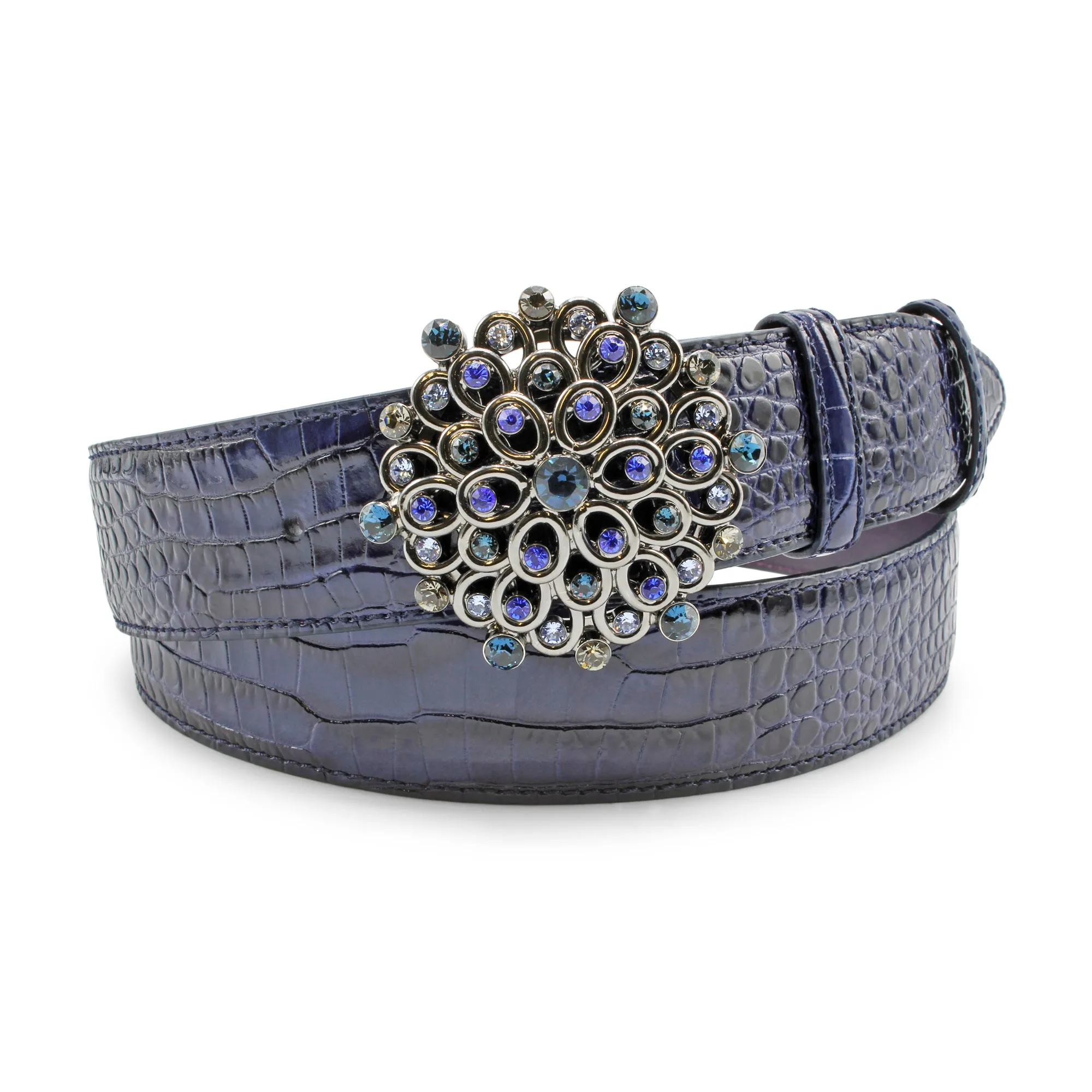 Deep Navy Mock Croc Brush Off Crystal Sunburst Belt