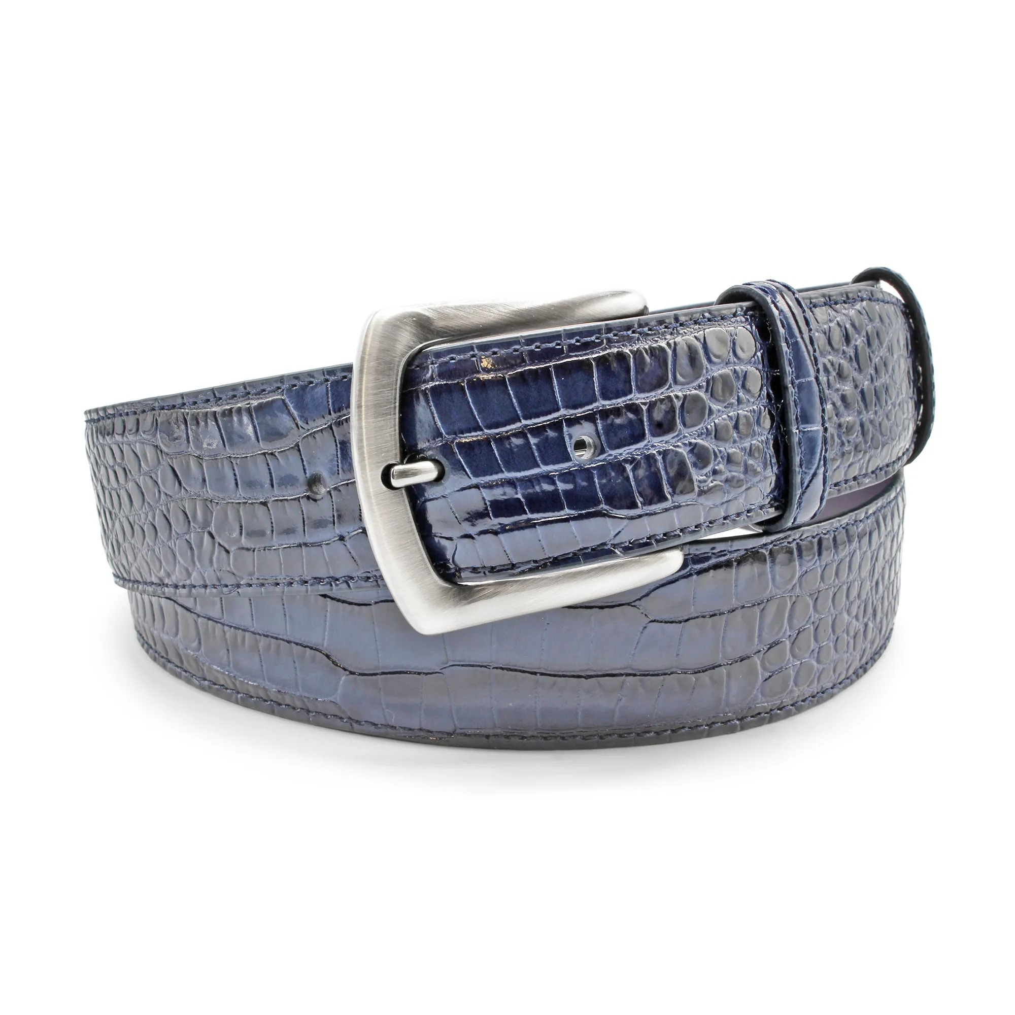 Deep Navy Mock Croc Brush Off Gunmetal Belt