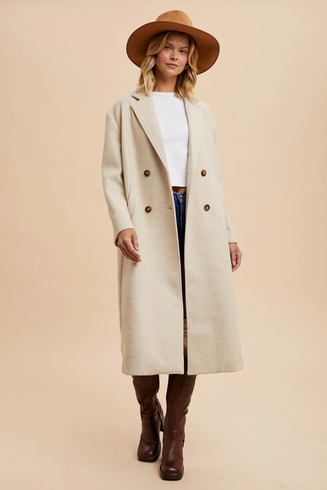 Double Breasted Lapel Duster Coat - Almond