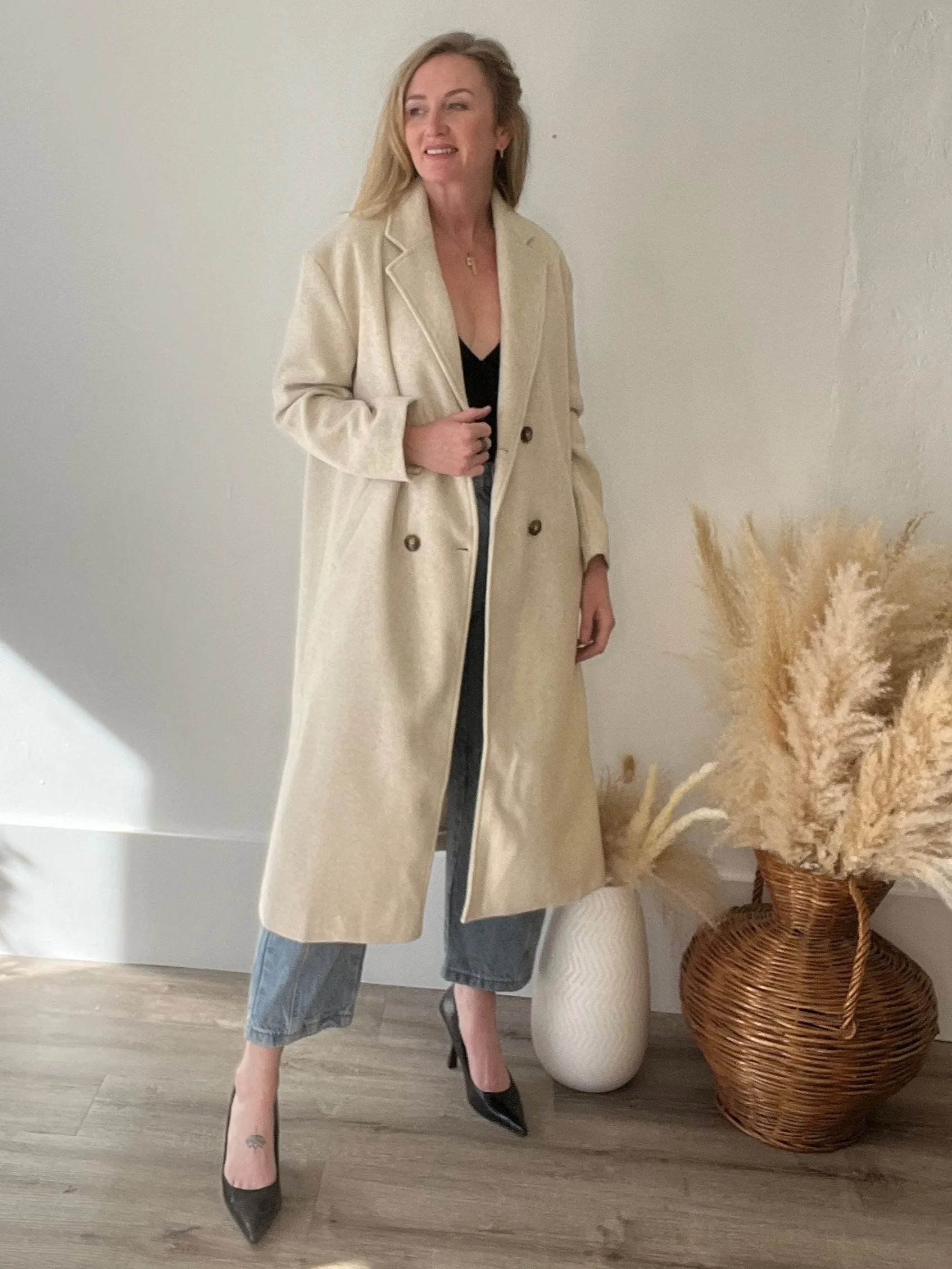 Double Breasted Lapel Duster Coat - Almond