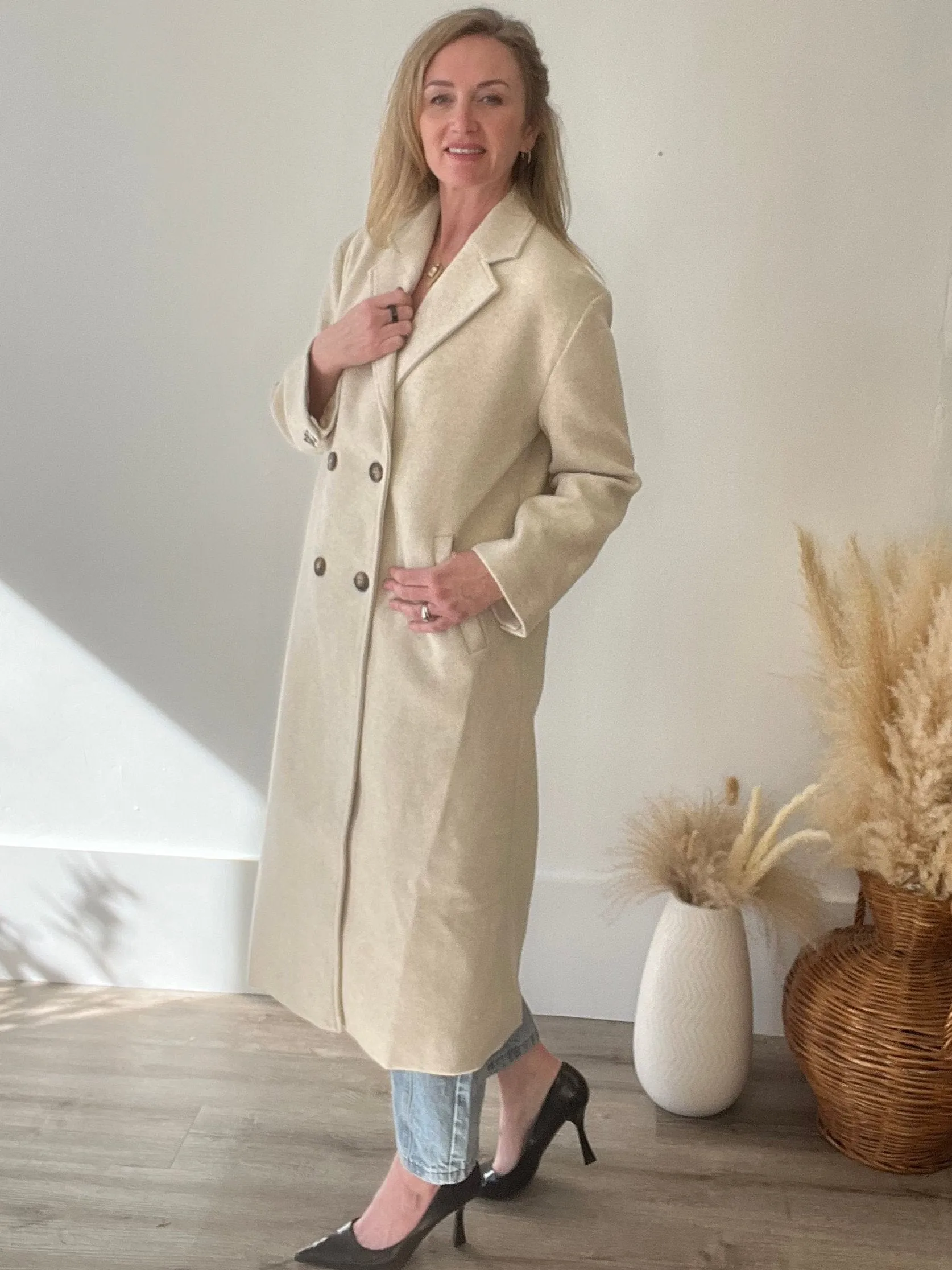 Double Breasted Lapel Duster Coat - Almond