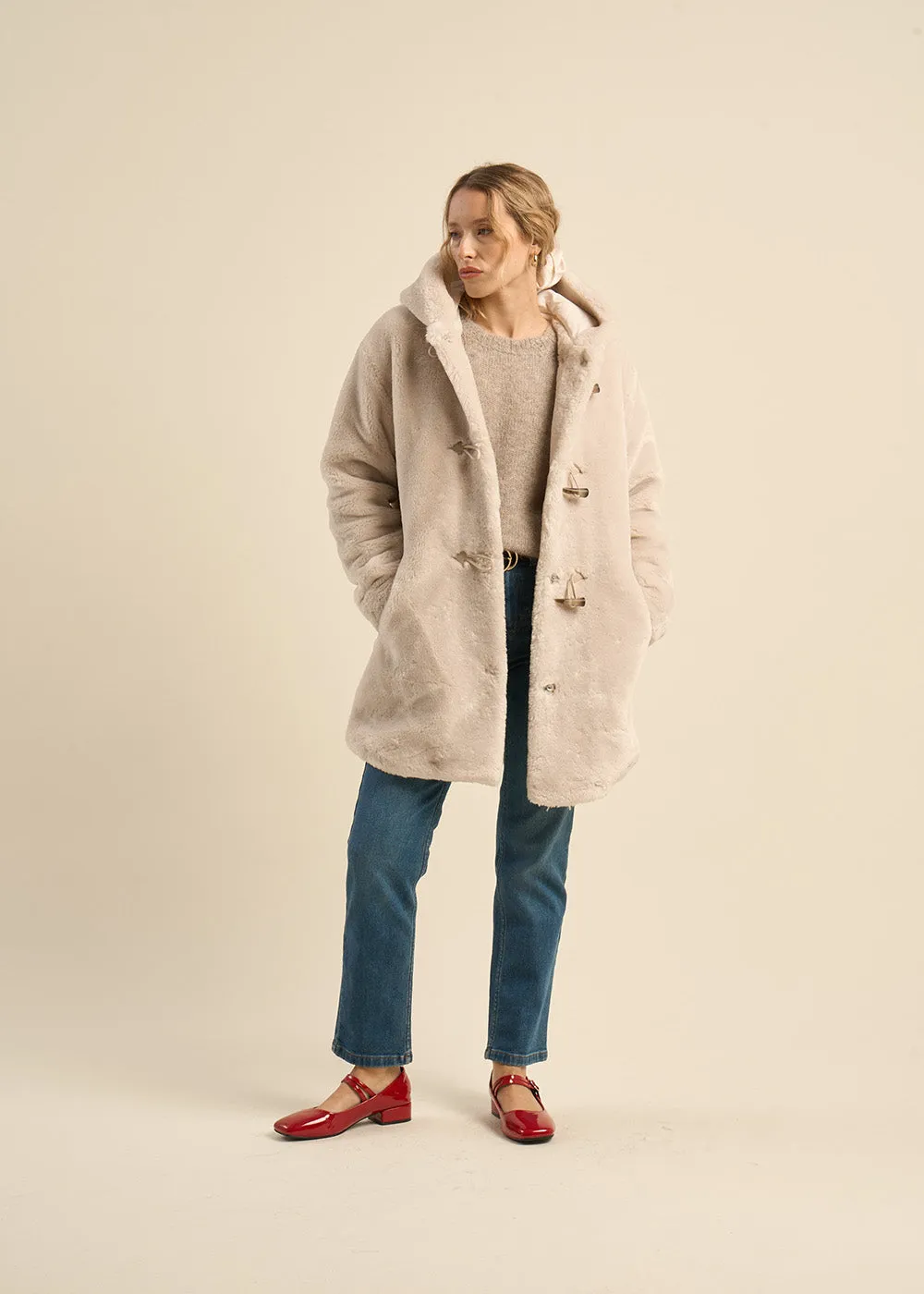 Duffle-coat en fausse fourrure à capuche