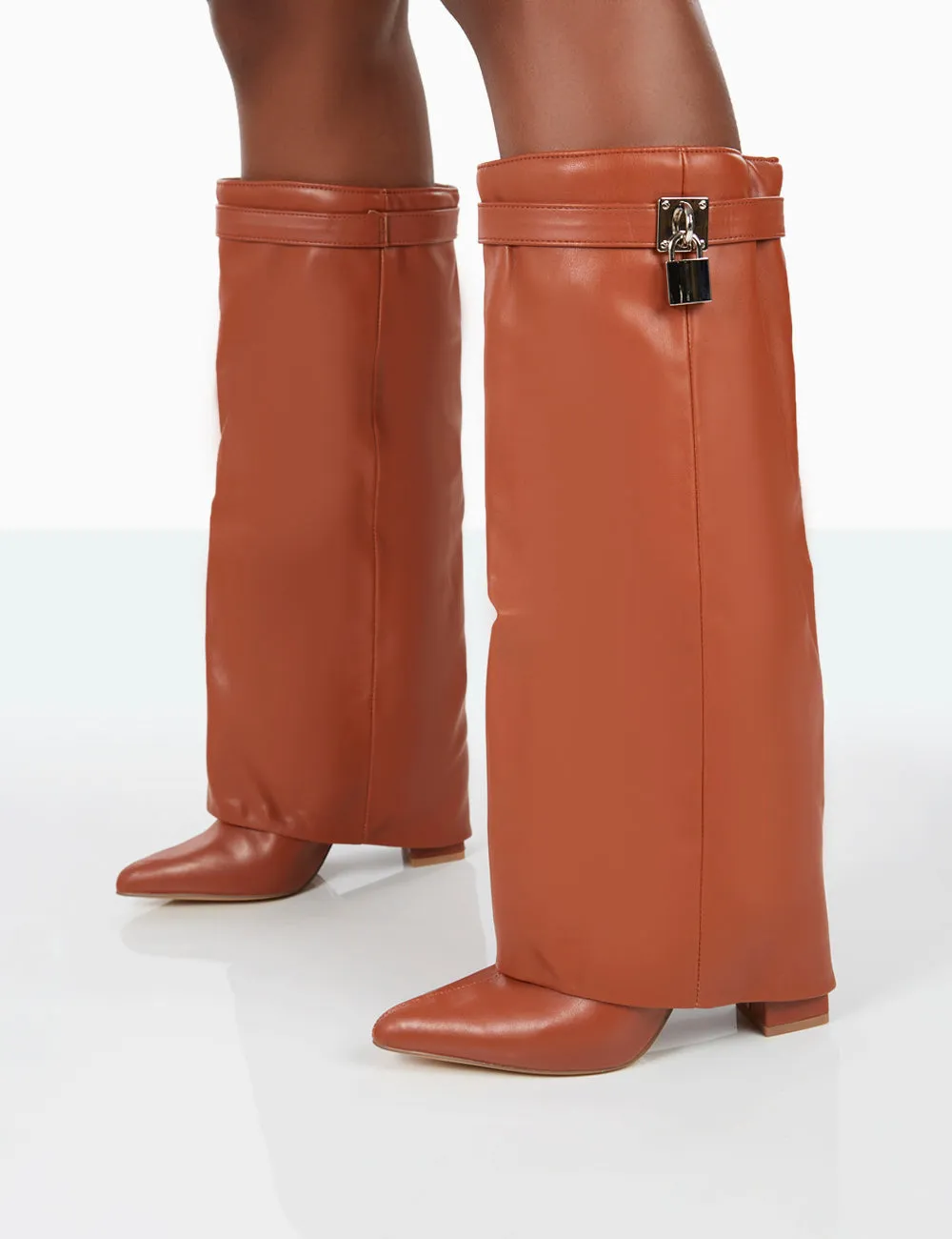 Echo Tan Grain Pu Pointed Toe Knee High Block Boots