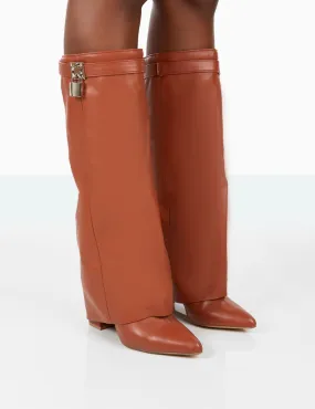 Echo Tan Grain Pu Pointed Toe Knee High Block Boots