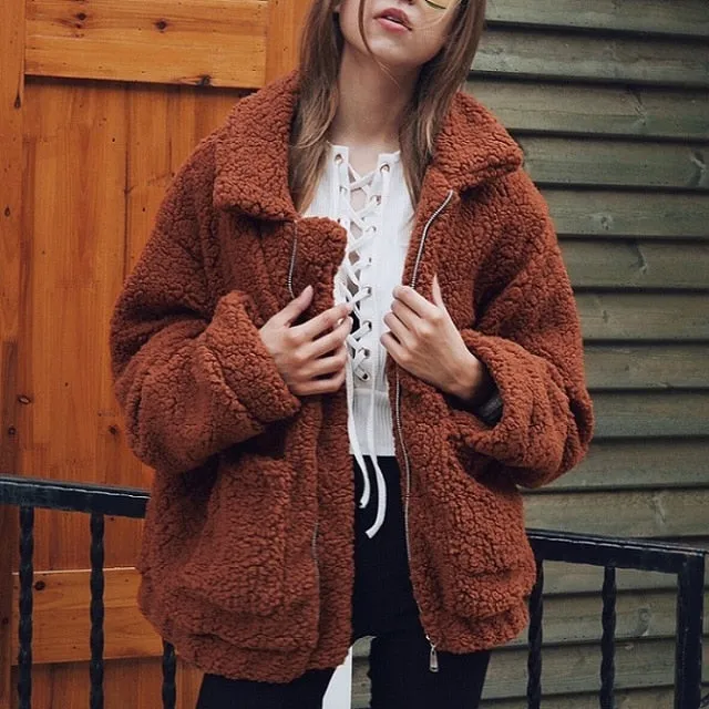 Elegance Coat Women  Winter Warm Soft Zipper Fur Jacket Female Plush Overcoat Casual Outerwear