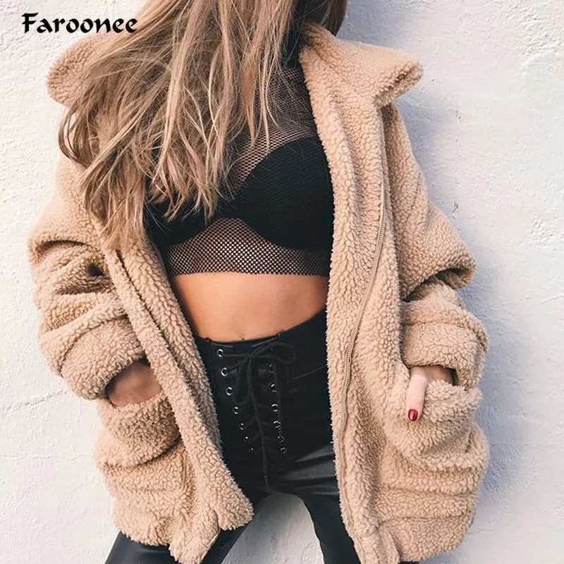 Elegance Coat Women  Winter Warm Soft Zipper Fur Jacket Female Plush Overcoat Casual Outerwear