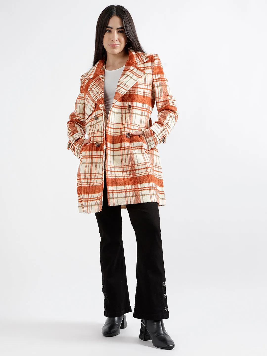 Elle Women Rust Checked Notched Collar Full Sleeves Double Breasted Overcoat