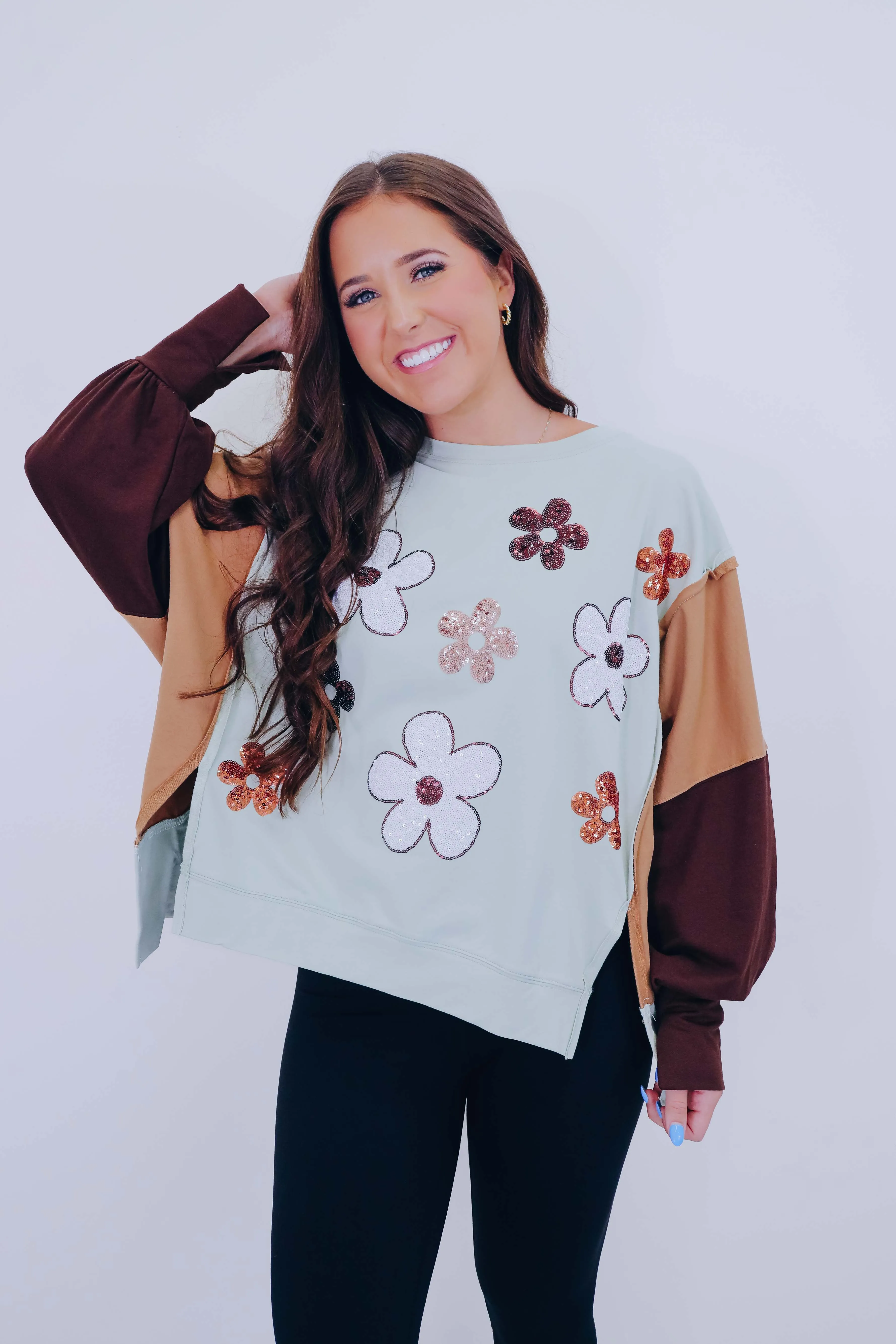 Falling For Mod Floral Sequin Sweatshirt- Sage