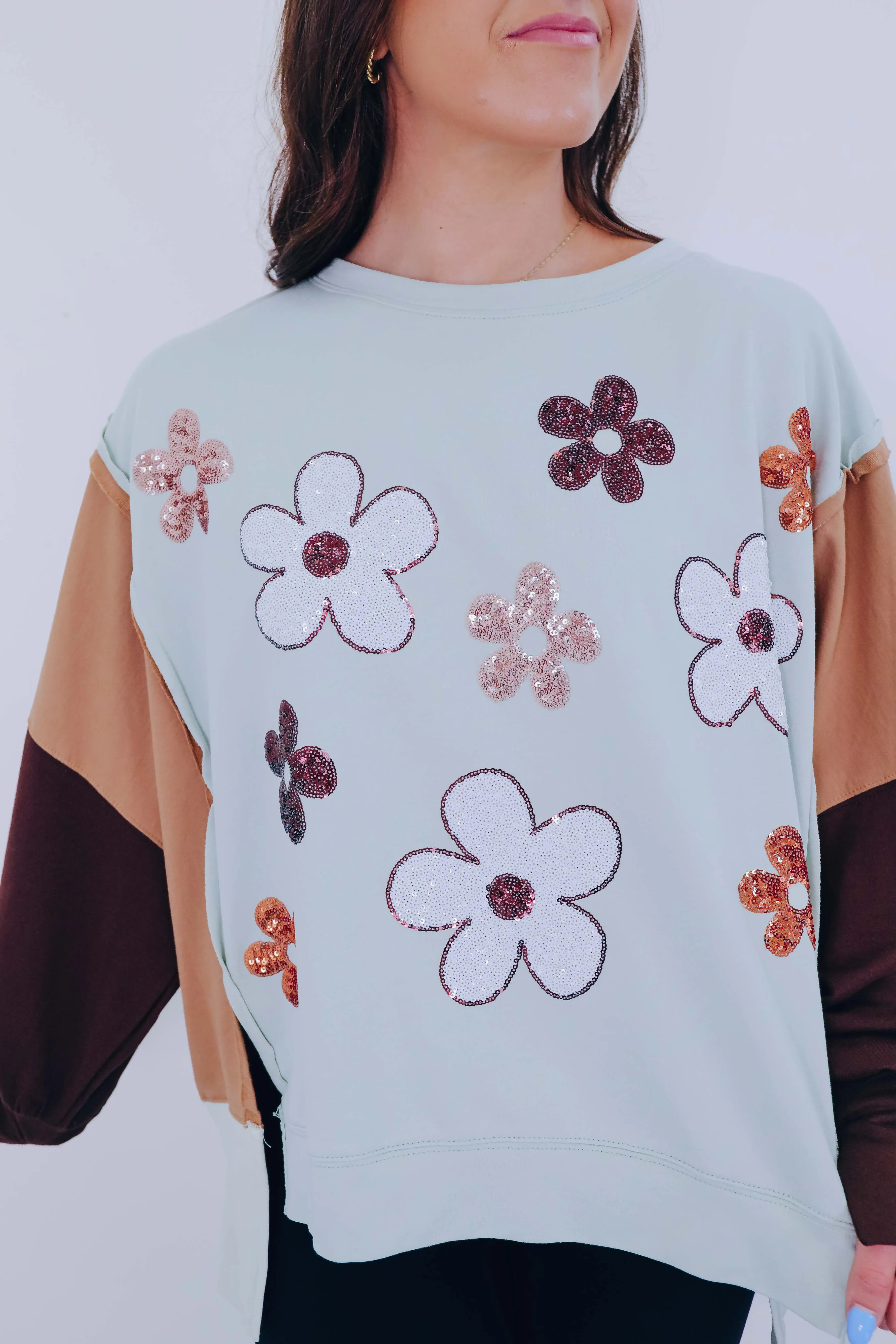 Falling For Mod Floral Sequin Sweatshirt- Sage