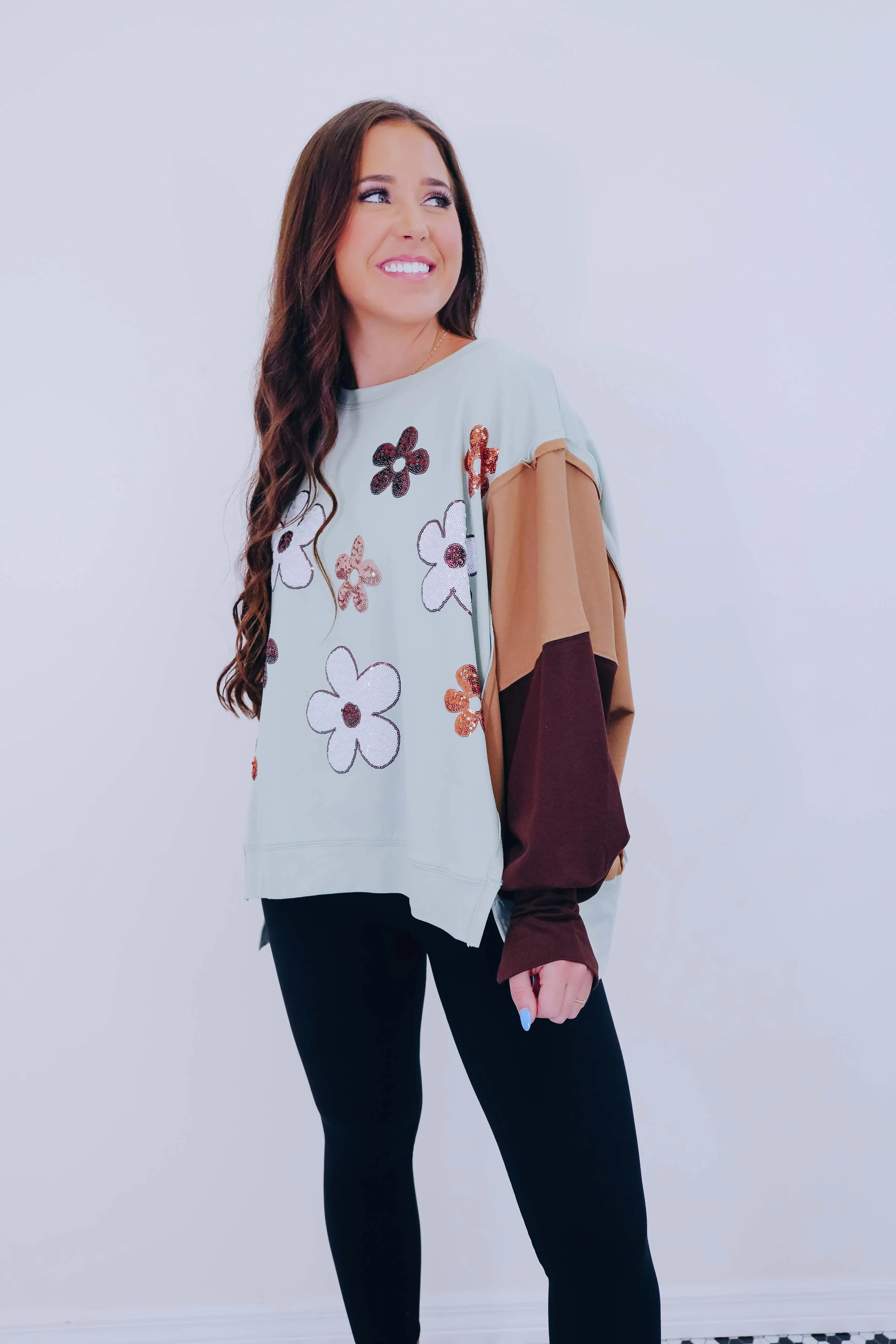 Falling For Mod Floral Sequin Sweatshirt- Sage