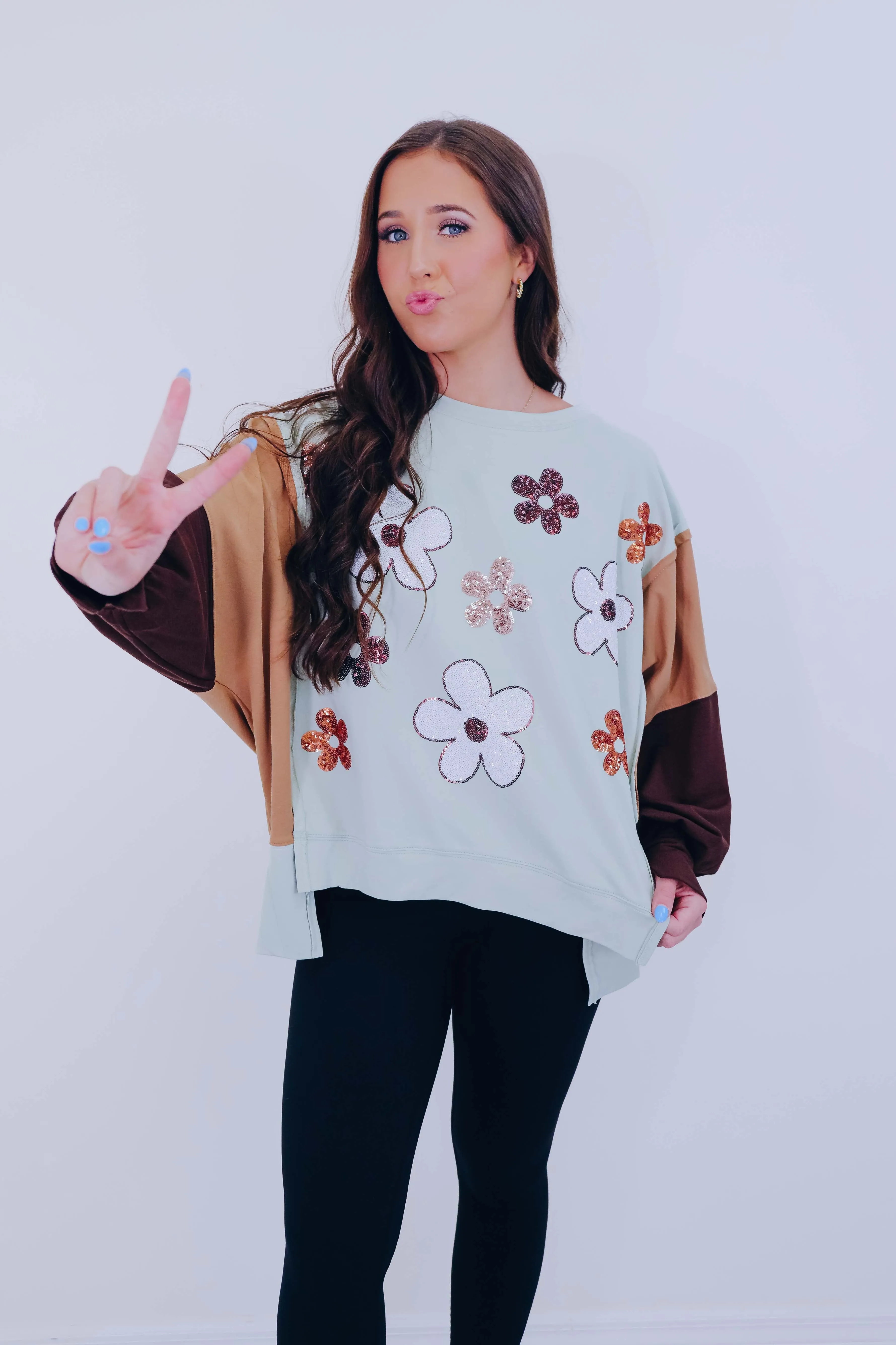 Falling For Mod Floral Sequin Sweatshirt- Sage