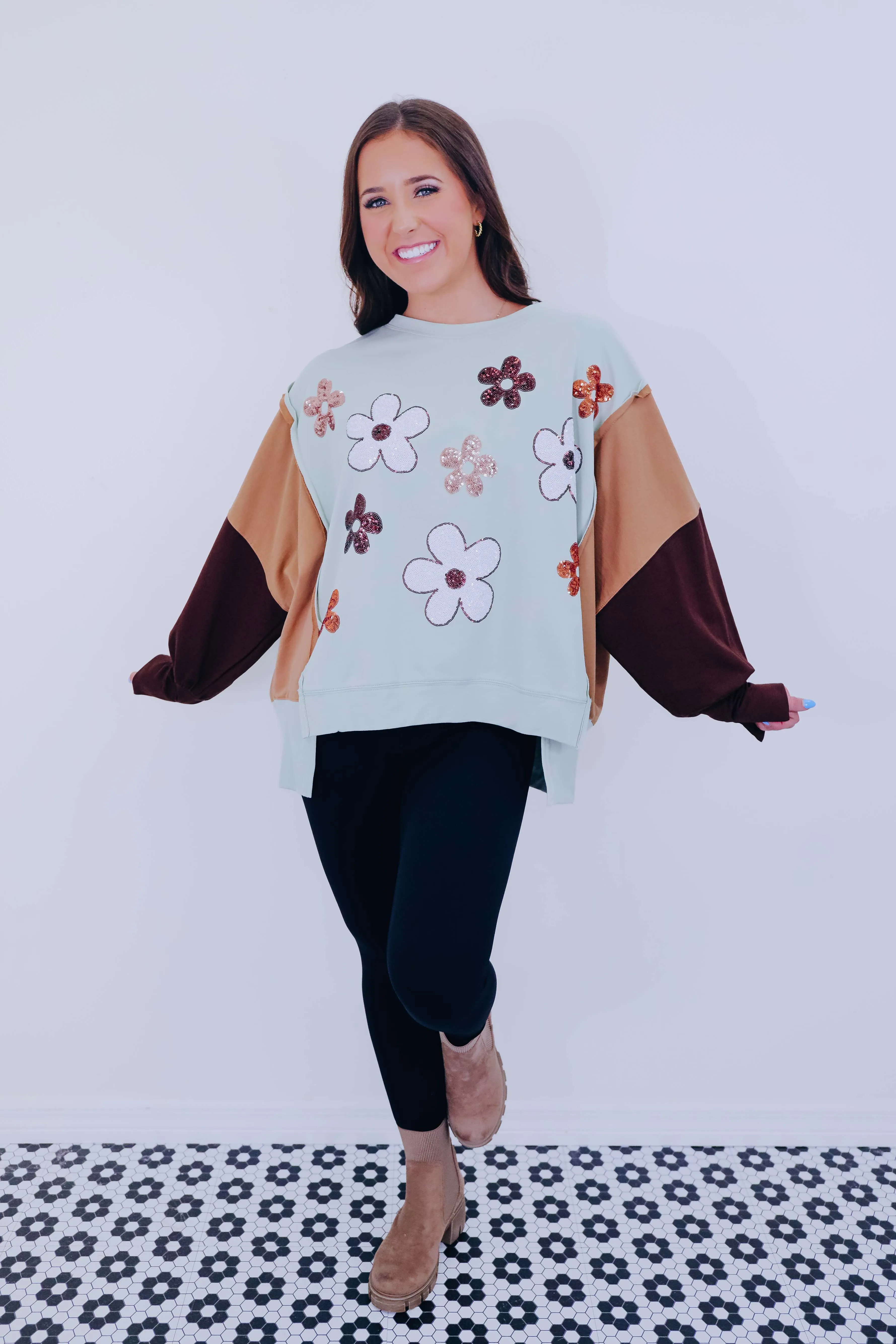 Falling For Mod Floral Sequin Sweatshirt- Sage