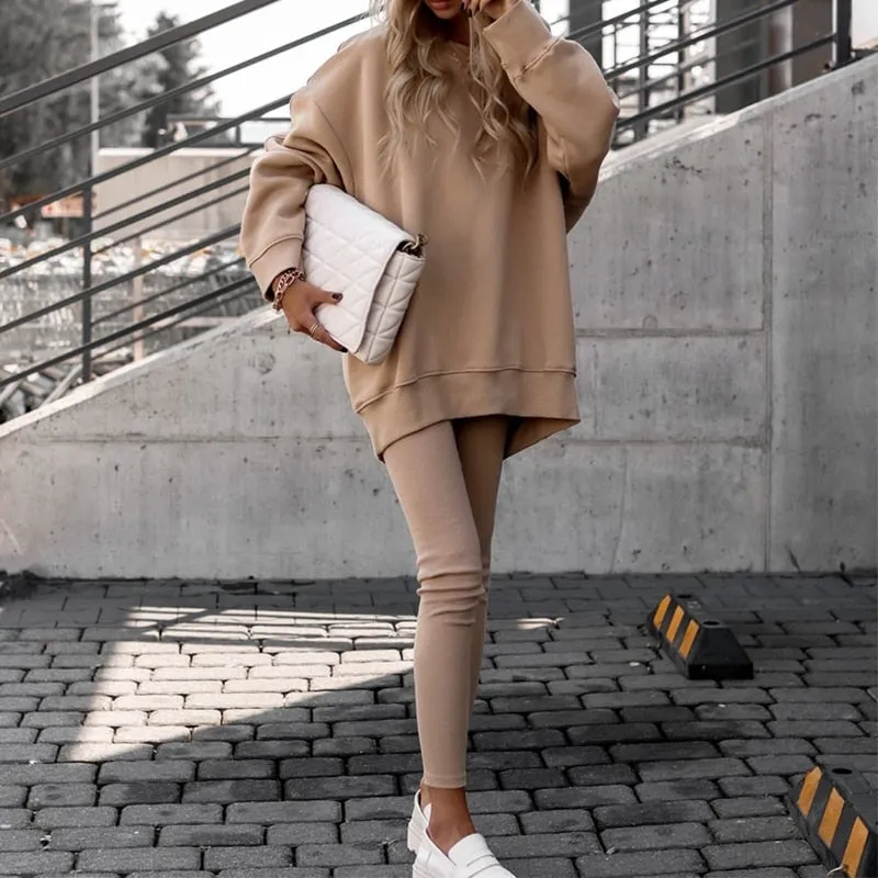 Fashionkova  Autumn Tracksuit Sweatshirt Suits Women O-Neck Long Sleeve Pullover And Chino Pants Sets Casual Solid Two Piece Suits Outfits