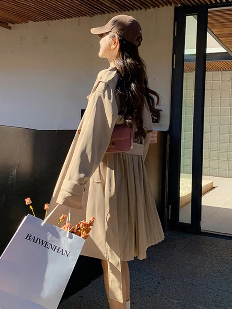 Fashionkova Designer Back Trench Belt Coat For Women Laple Long Sleeves Solid Belt Coats Fashion Female Clothing 2024 New