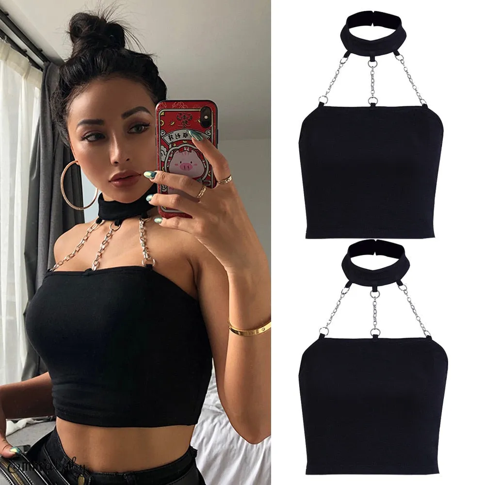 Fashionkova  E-Girl Punk Style Choker Halter Top Black Women Sexy Y2K Fashion Slim Cami Backless Buckle Top 90S Summer Tank Tops