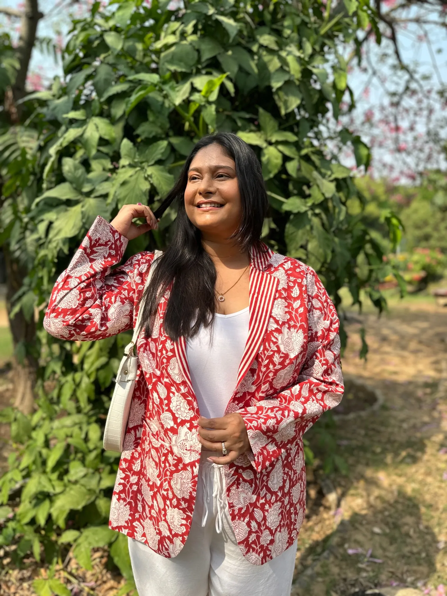 Floral Block Printed Blazer - Deep Red