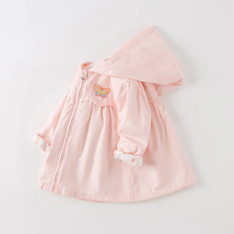 Flying Butterfly Girl Zip Up Pink Hooded Coat