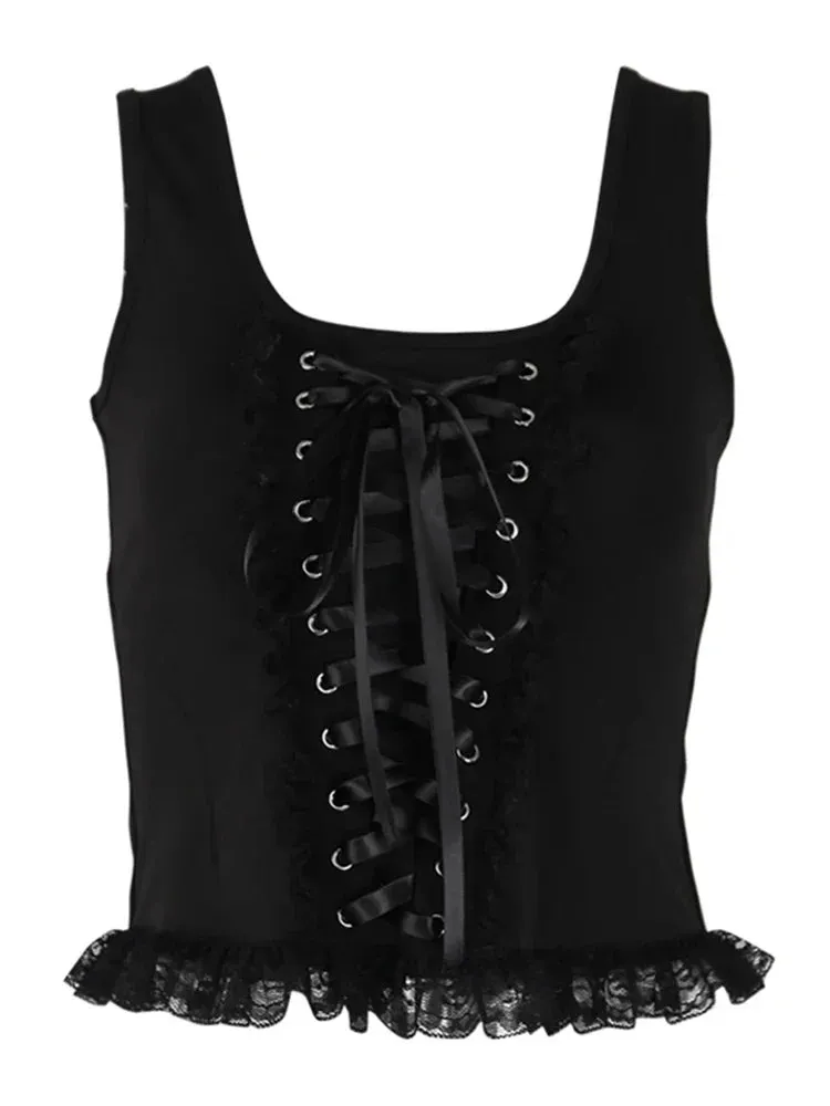 Flytonn Goth Punk Sexy Camis Women Lace Up Strapless Square Collar Lace Patchwork Slim Bodycon Vest Ins Dark Black Crop Tank Top