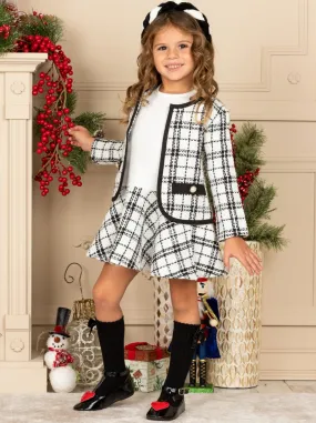 Girls Drop Waist Dress and Matching Houndstooth Faux Pocket Blazer Set