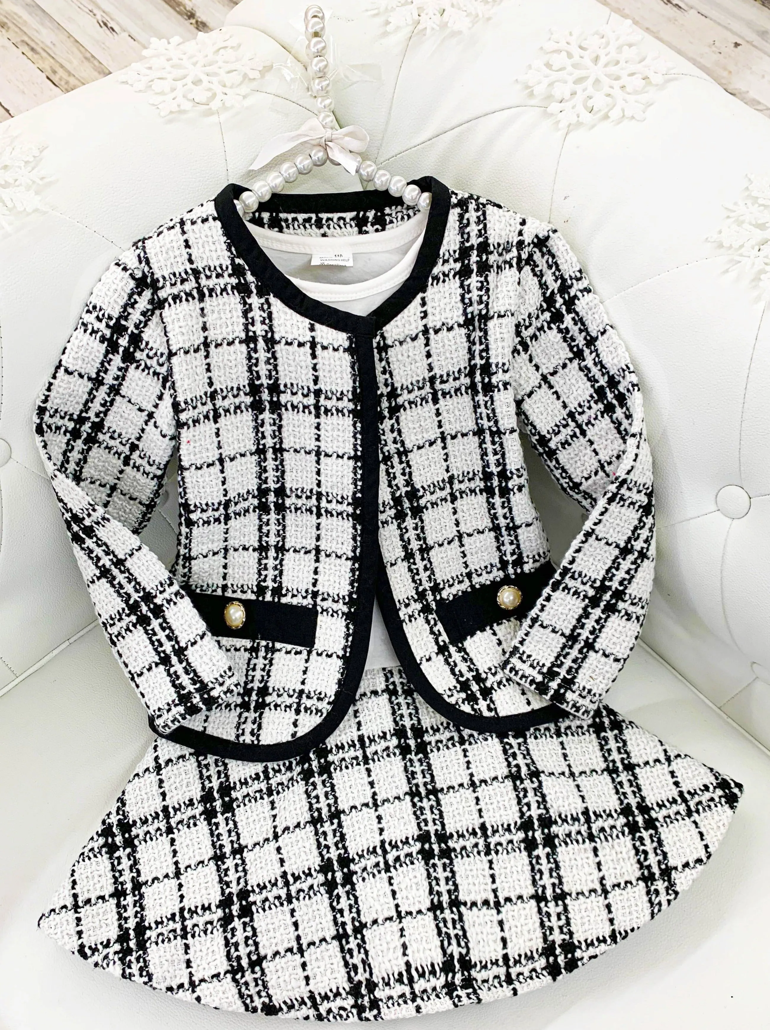 Girls Drop Waist Dress and Matching Houndstooth Faux Pocket Blazer Set