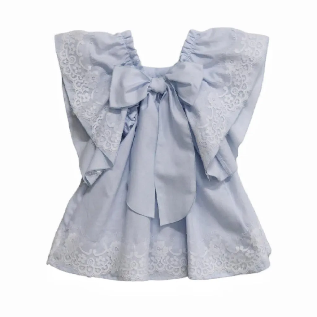 Girls Light Blue Lace-Trimmed Oxford Cotton Dress