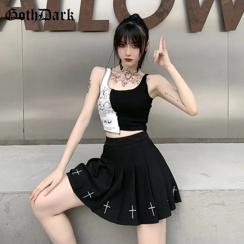 Goth Dark Punk Style Patchwork Tank Tops Aesthetic Letter And Graphic Print Women Crop Top Color Blocking Sleeveless Streetwear