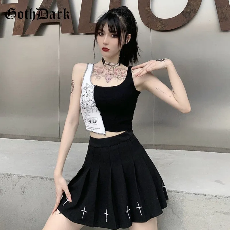 Goth Dark Punk Style Patchwork Tank Tops Aesthetic Letter And Graphic Print Women Crop Top Color Blocking Sleeveless Streetwear