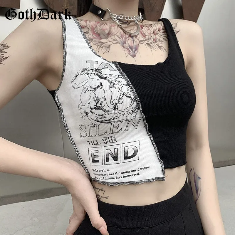 Goth Dark Punk Style Patchwork Tank Tops Aesthetic Letter And Graphic Print Women Crop Top Color Blocking Sleeveless Streetwear