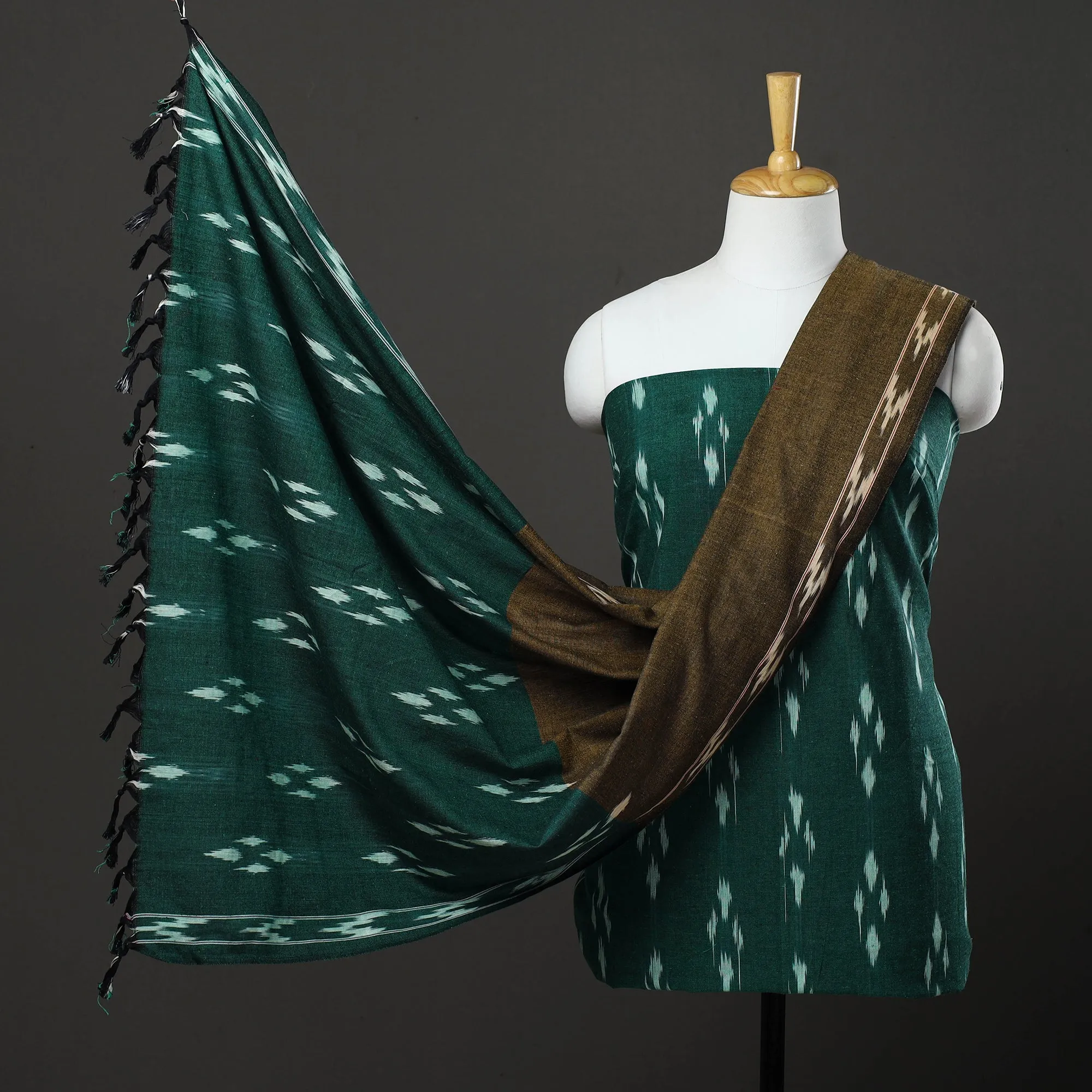 Green - 3pc Cotton Handloom Pochampally Ikat Dress Material 16