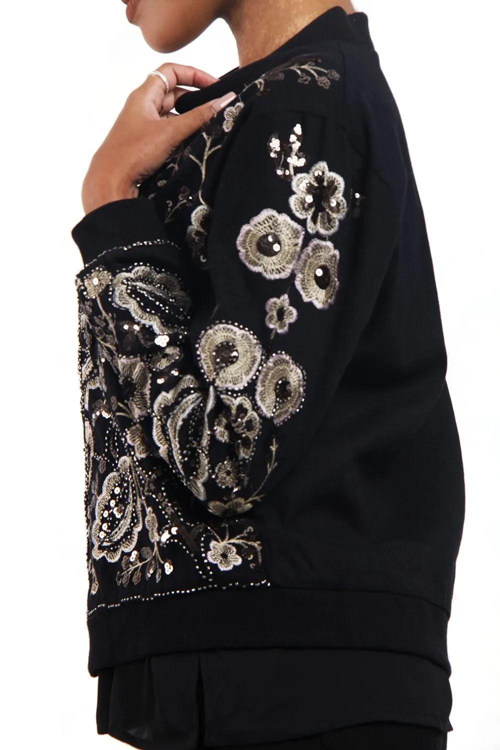 Grey Embellished Floral Design Bomber Jacket