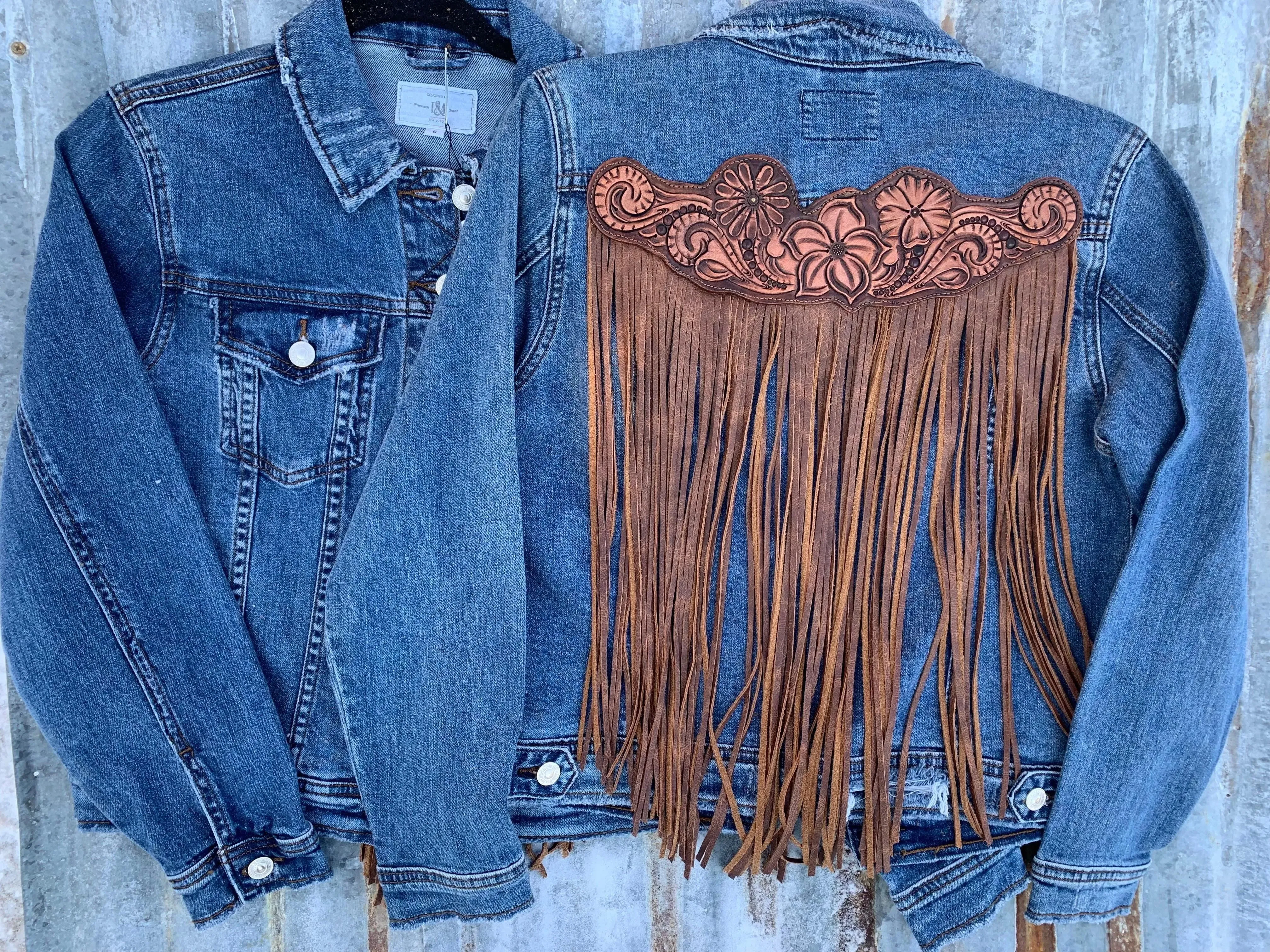 Handtooled Leather Denim Jacket in Brown and Golden Tan with Xtra Long Fringe