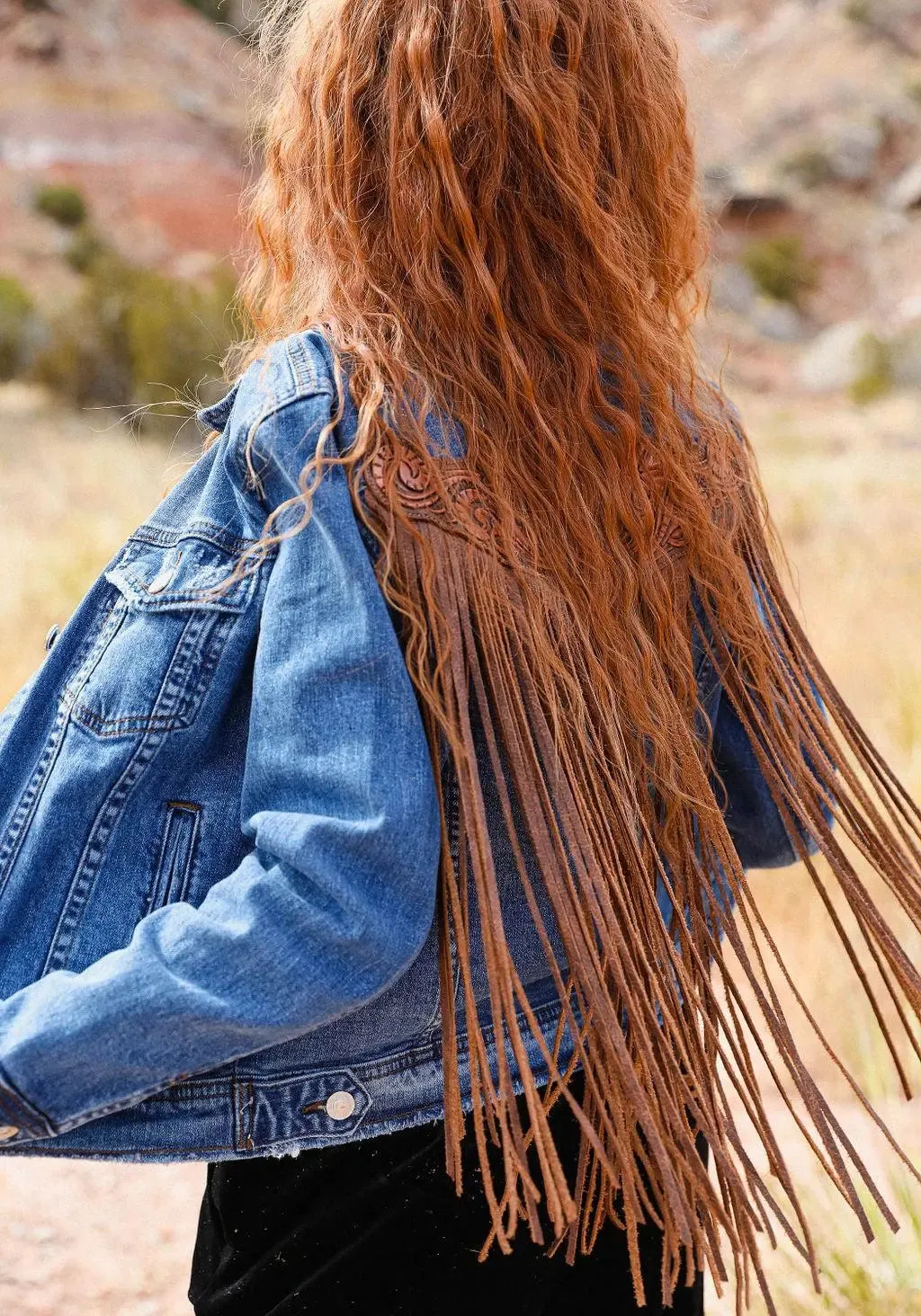 Handtooled Leather Denim Jacket in Brown and Golden Tan with Xtra Long Fringe