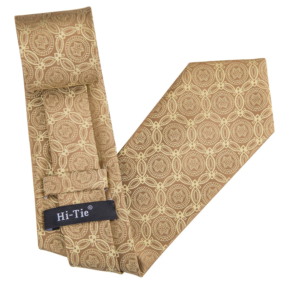 Hi-Tie Men's Tan Yellow Floral Novelty Tie Pocket Square Cufflinks Set