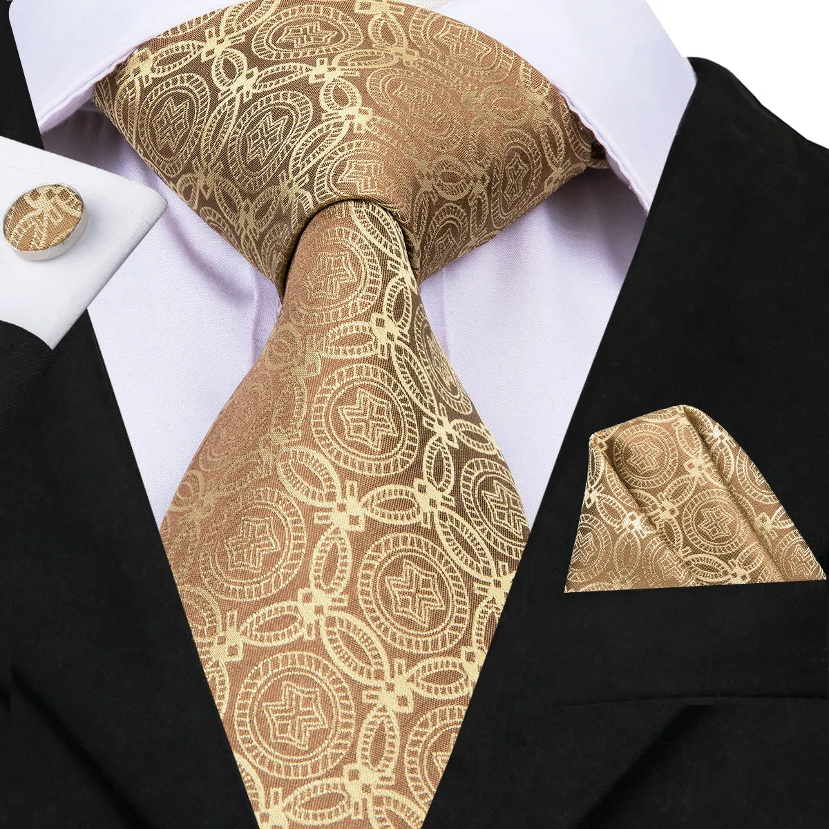 Hi-Tie Men's Tan Yellow Floral Novelty Tie Pocket Square Cufflinks Set